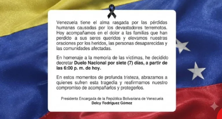 Ejecutivo Nacional decreta 7 días de Duelo Nacional en homenaje a la memoria de la víctimas tras los terremotos